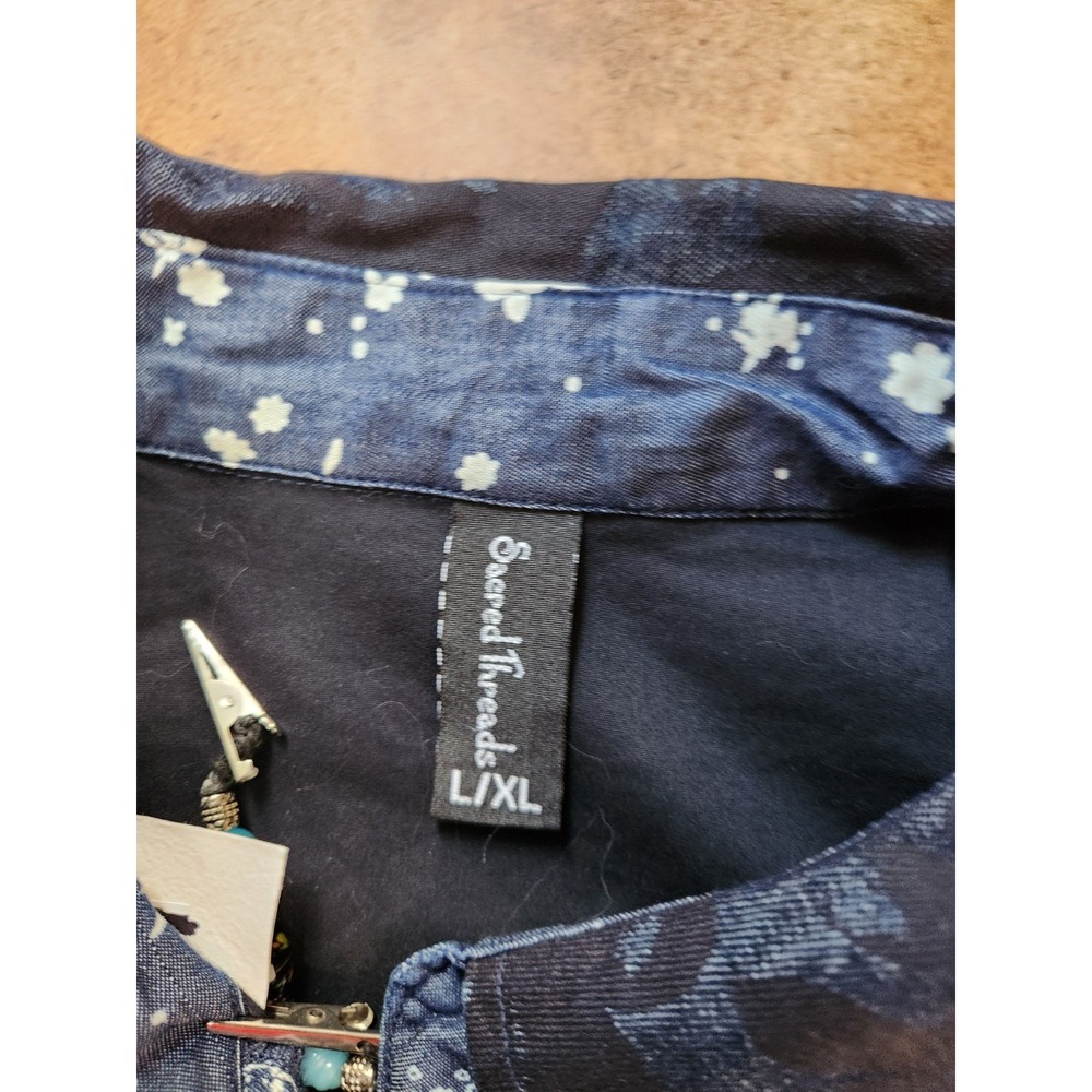 Sacred Threads Patchwork Denim Shacket Size L/XL Blue Geometric Hippie Festival - Picture 7 of 11